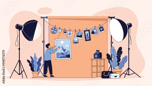 Professional photographer setting up a photo studio by hanging pictures on a backdrop and adjusting lighting gear.