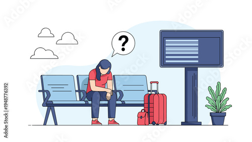 Sad and lonely woman sitting on a bench at a transportation terminal with her red suitcase while feeling confused.
