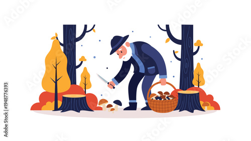 Elderly man with a beard and a basket carefully harvests wild mushrooms with a knife in an autumn forest with yellow and orange trees.