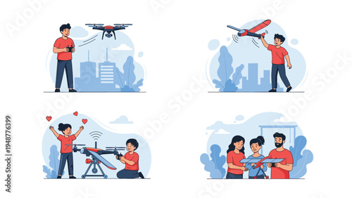 Various people enjoying their hobby by flying remote controlled drones and model airplanes in an outdoor setting.