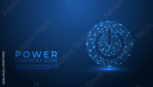 Futuristic low poly power button icon with glowing blue polygonal mesh and grainy dark background representing technology startup control energy and digital innovation design.