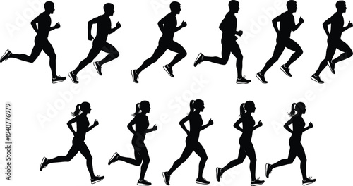 Black silhouette vector illustration of male and female runners in dynamic motion poses, symbolizing athletics, sport, fitness, biomechanics, and outdoor training themes