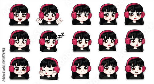 Cute Gamer Girl Character Emote Sticker Set, Cartoon Gaming Avatar Emoji Pack, Streaming Reaction Icons for Twitch Discord Vector