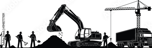 Black silhouette illustration of construction site with workers, excavator, crane, and truck, ideal for civil engineering, urban development, or industrial design themes.