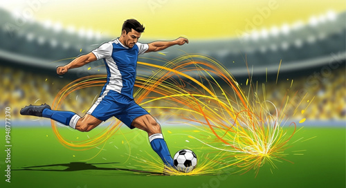 Soccer Player Kicking Ball in Stadium with Energy Bursts.