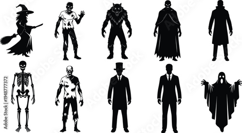 Black silhouette vector illustration of Halloween and horror characters including witch, zombie, vampire, werewolf, skeleton, ghost, and mysterious figures for seasonal design themes