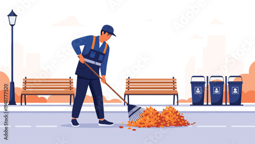 Janitor in blue work uniform rakes a pile of dry orange leaves on a city sidewalk near park benches and trash cans during autumn.