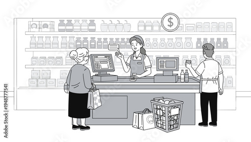 Female cashier at a supermarket checkout counter assists an elderly woman while another customer waits with his groceries in a store aisle.