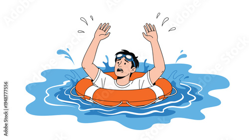 Man struggling in the water wears an orange lifebuoy and raises his hands for help, illustrating a dangerous drowning situation at sea.