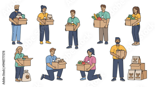 Group of diverse volunteers carries boxes and bags of donated food and groceries to help people in need during a community charity event.