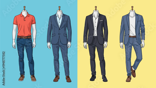 Four headless mannequins display various men's outfits including a red polo shirt with jeans, and different styles of navy blue business suits.
