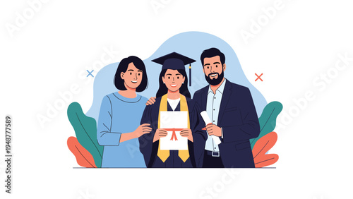 Proud young female graduate in a black gown and cap holds her diploma while standing between her happy parents after the graduation ceremony.