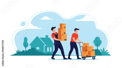 Two professional movers in red shirts and blue overalls carry and transport many cardboard boxes to a house during a relocation process.
