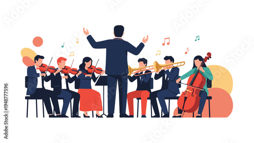 Professional orchestra with various musicians playing violins, trombones, and a cello performs under the direction of a conductor on stage.