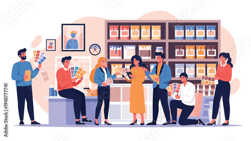 Group of diverse interior designers and customers choose paint colors from swatches in a well-stocked store with many shelves of paint cans.