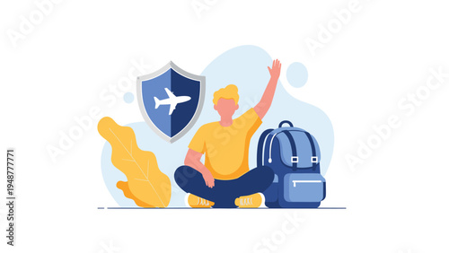 Young traveler with a blue backpack sits near a protective shield with an airplane icon, symbolizing safe and insured travel around the world.