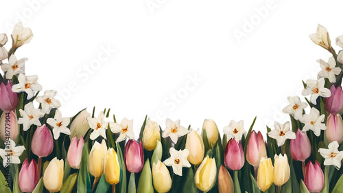 Mixed spring flowers and tulips border isolated on transparent background PNG, fresh garden floral frame
