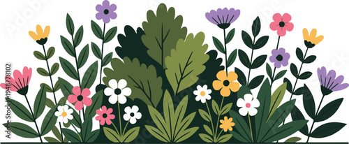  floral border with Blooming plants set,  Botanical decoration, spring and summer wildflowers, for invitation templates, poster, banner design, flyer, brochure, vector illustration.