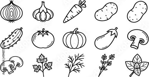 Set of 15 vegetable icons vector, line art style