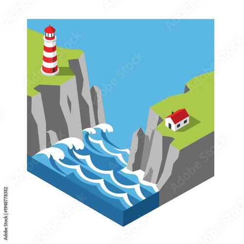 Isometric illustration of a lighthouse and a house on cliffs with ocean waves.