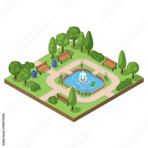 Isometric illustration of a park with a fountain, benches, trees, and pathways.