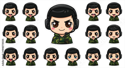 Cute Gamer Boy Character Emote Sticker Set, Cartoon Gaming Avatar Emoji Pack, Streaming Reaction Icons for Twitch Discord Vector