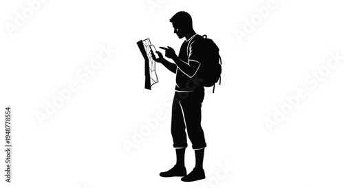 Silhouette of a male backpacker consulting a paper map while simultaneously interacting with a modern smartphone device outdoors