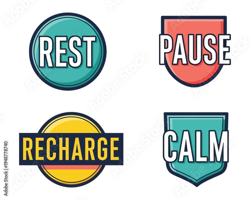 A collection of colorful flat icons featuring the motivational words rest, pause, recharge and calm