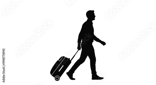 Silhouette illustration of a man walking and pulling a rolling suitcase, ready for travel or a business trip.