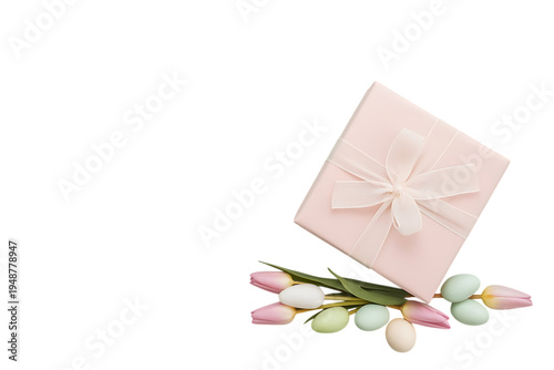 Pink gift box with ribbon and spring tulips isolated on transparent background PNG, mother's day present

