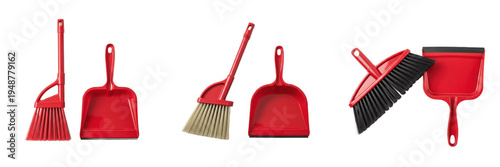 Set of Red Dustpans and Brooms for Cleaning Isolated on White Background