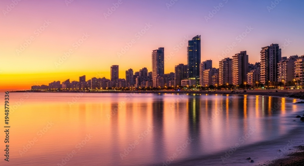 Obraz premium City skyline silhouetted at sunrise with colorful sky and water reflection