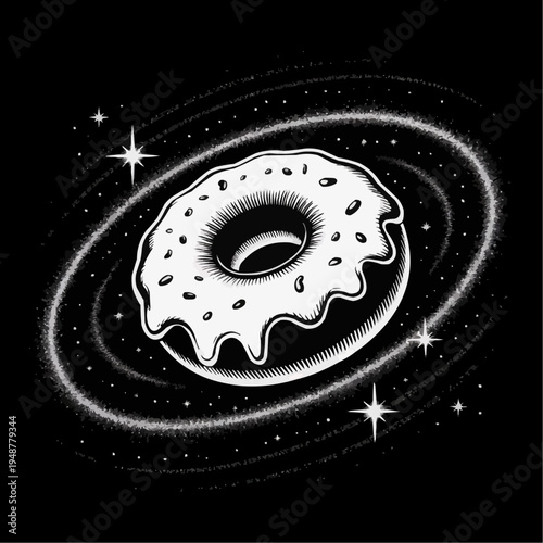 Whimsical glazed donut floating in outer space with sparkling stars and orbital swirl on a black background playful food and galaxy concept for stickers apparel posters and fun dessert branding