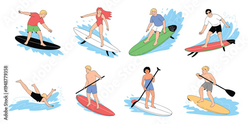 Beach surfers cartoon flat set, showcasing young athletes surfing ocean waves with boards, summer beach extreme sport, active lifestyle, and men and women in swimsuits.