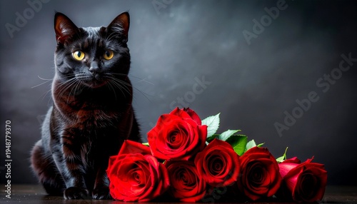 Elegant black cat beside bouquet of red roses on dark background dramatic lighting romantic mood animal portrait love concept studio still life