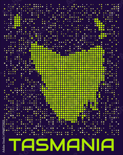 Tasmania dots map. Australia. Digital style shape of the island. Tasmania map and title lime colored square dots with round corners. Elegant Vector Illustration.