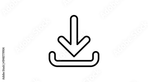 Minimalist download icon in black outline, downward arrow pointing into tray, simple design symbolizing file transfer, digital downloading, software, documents, and internet-based content access.
