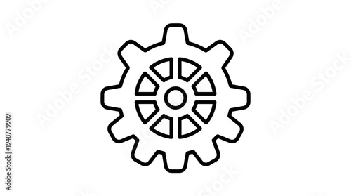 Minimalist gear icon in black and white, circular cogwheel with evenly spaced teeth, simple design symbolizing settings, machinery, engineering, mechanical processes, and technology functions.