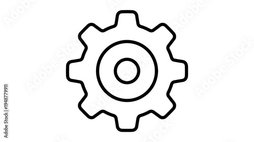 Minimalist gear icon in black and white, circular cogwheel with evenly spaced teeth, simple design symbolizing settings, machinery, engineering, mechanical processes, and technology functions.