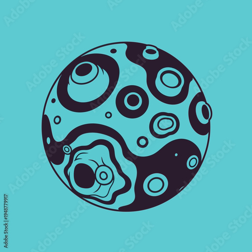 Stylized illustration of a celestial body with craters and dark, irregular patterns.