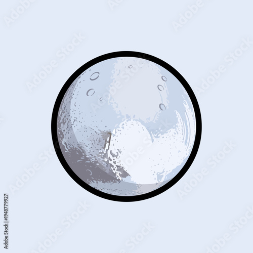 A detailed illustration of a celestial body, possibly a moon, with craters and a dark outline.