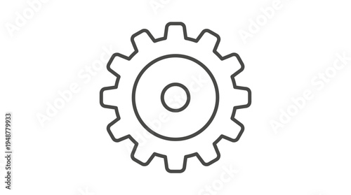 Minimalist gear icon in black and white, circular cogwheel with evenly spaced teeth, simple design symbolizing settings, machinery, engineering, mechanical processes, and technology functions.