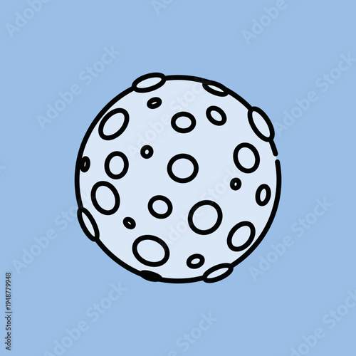 A simple illustration of a celestial body, featuring craters on its surface, against a blue background.