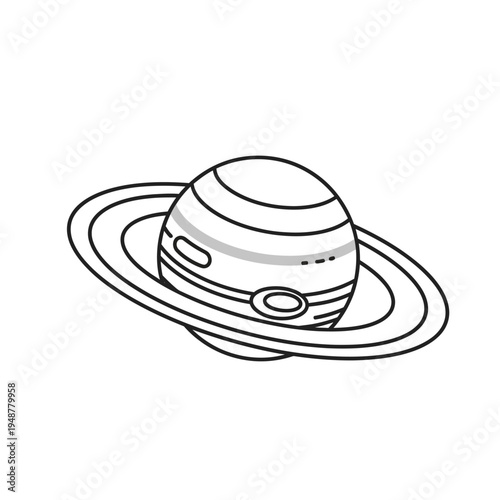 Black and white line drawing of the planet Saturn with its rings.