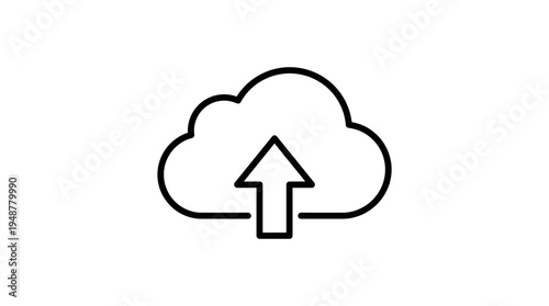 Minimalist cloud upload icon in black outline, upward arrow inside cloud, simple design symbolizing data transfer, cloud computing, online storage, and digital file management.