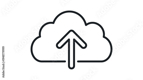 Minimalist cloud upload icon in black outline, upward arrow inside cloud, simple design symbolizing data transfer, cloud computing, online storage, and digital file management.