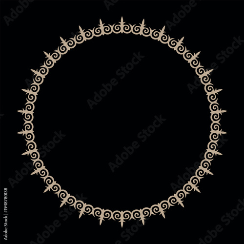 Oriental vector round gold frame with arabesques and floral elements. Ethnic Asia ornament of the nomadic peoples of Asia, Kazakhs, Kirghiz, Kalmyk, Mongol, Turkmen. For sandblasting, ceramic, plate