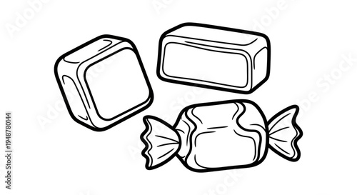 Black and White Illustration of Assorted Candies: Wrapped Toffee, Square and Rectangular Sweets