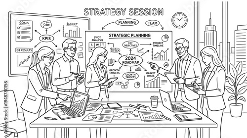 Corporate planning meeting with four professionals around a table, reviewing charts, laptops, documents, presenter highlighting strategy, goals, marketing, finance, productivity, operations, cityscape