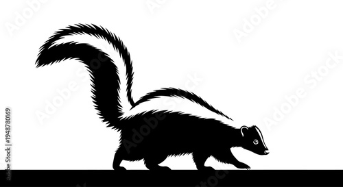 Black and White Silhouette of a Skunk Walking, Isolated on White Background